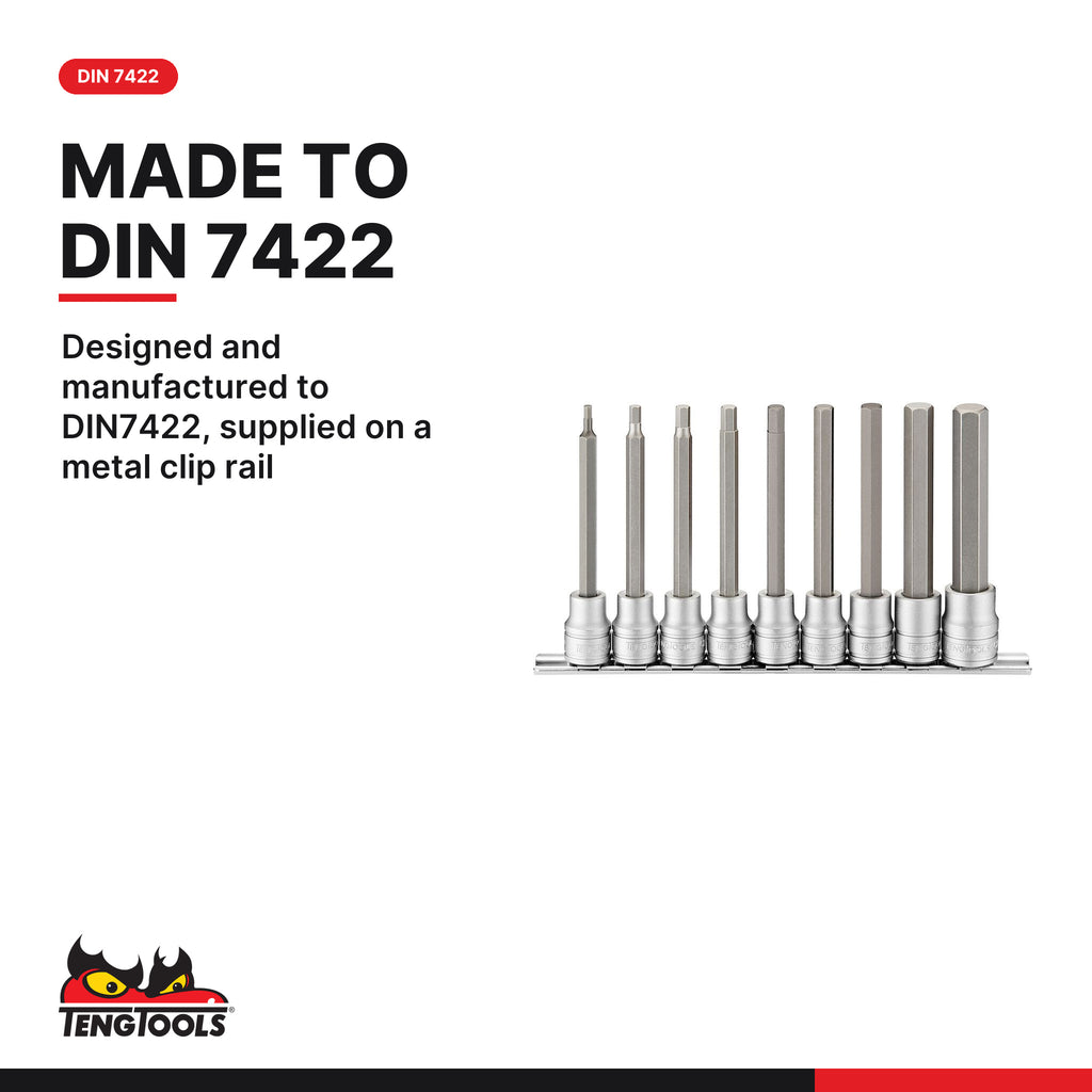 Teng Tools M3809 3/8" Long Hex Bit Socket Clip Rail Set 9 Pieces, designed and manufactured to DIN7422, supplied on a metal