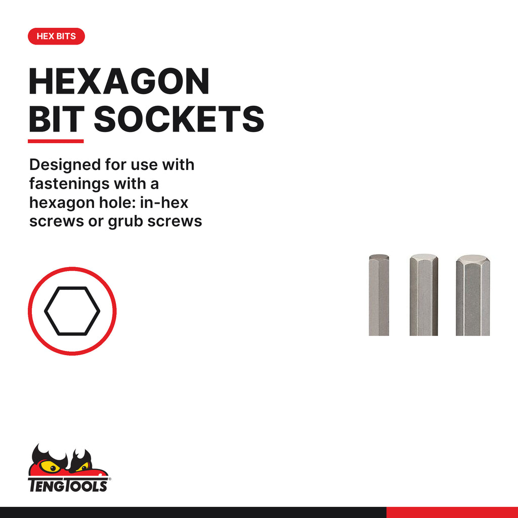 Teng Tools M3809 3/8" Long Hex Bit Socket Clip Rail Set 9 Pieces, designed for use with fastenings with a hexagon hole:
