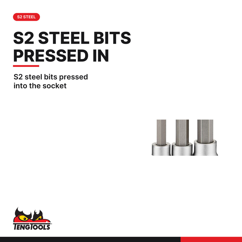 Teng Tools M3809 3/8" Long Hex Bit Socket Clip Rail Set 9 Pieces, S2 steel bits pressed into the socket