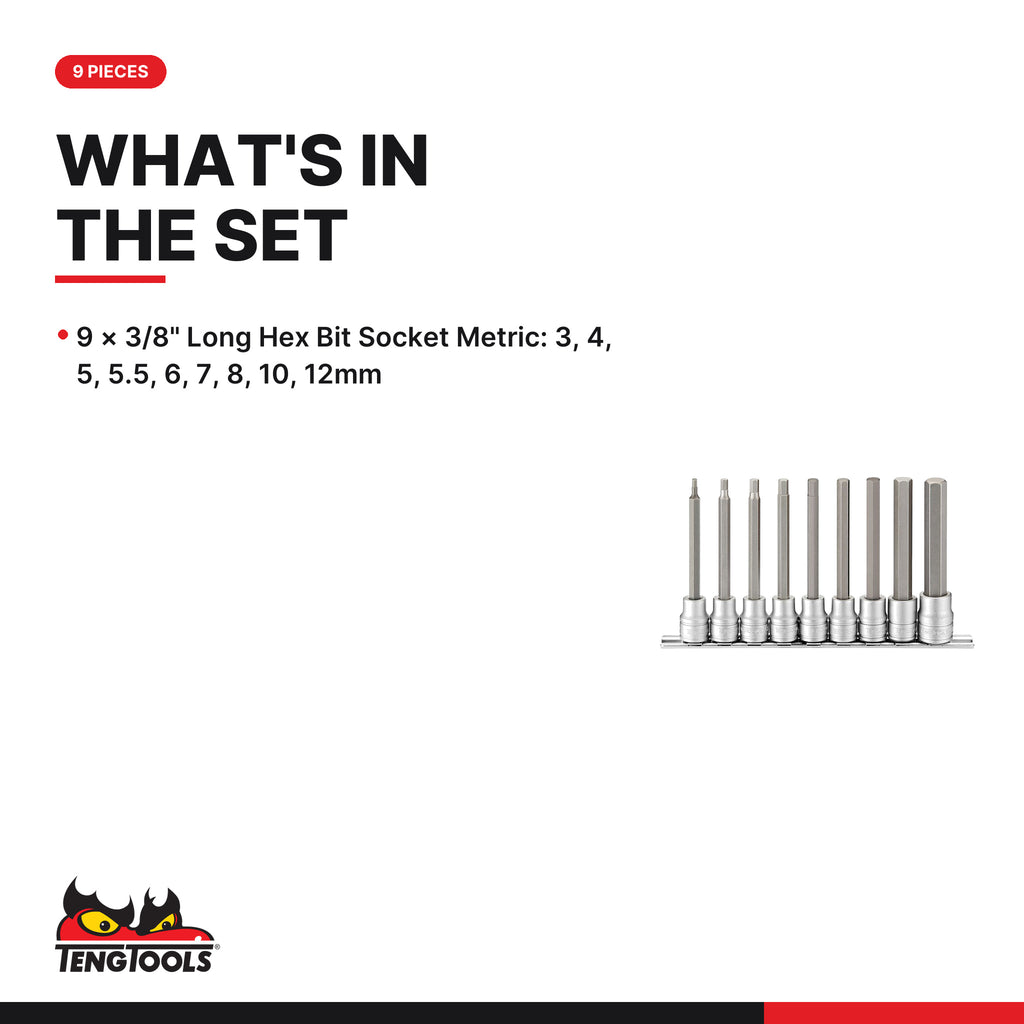Teng Tools M3809 3/8" Long Hex Bit Socket Clip Rail Set 9 Pieces, what's in the set