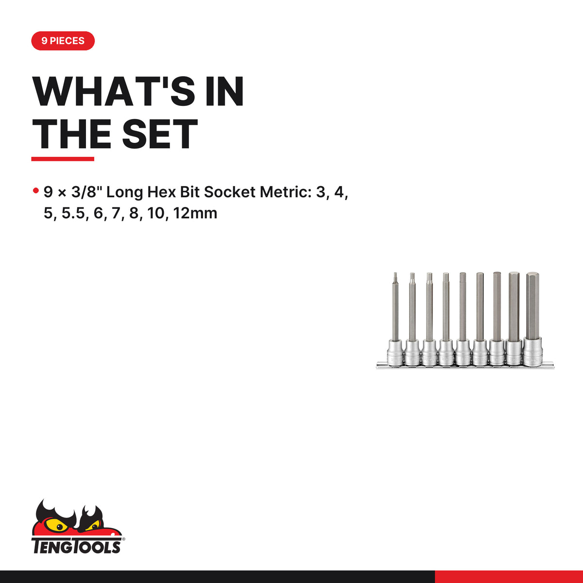 Teng Tools M3809 3/8" Long Hex Bit Socket Clip Rail Set 9 Pieces, what's in the set