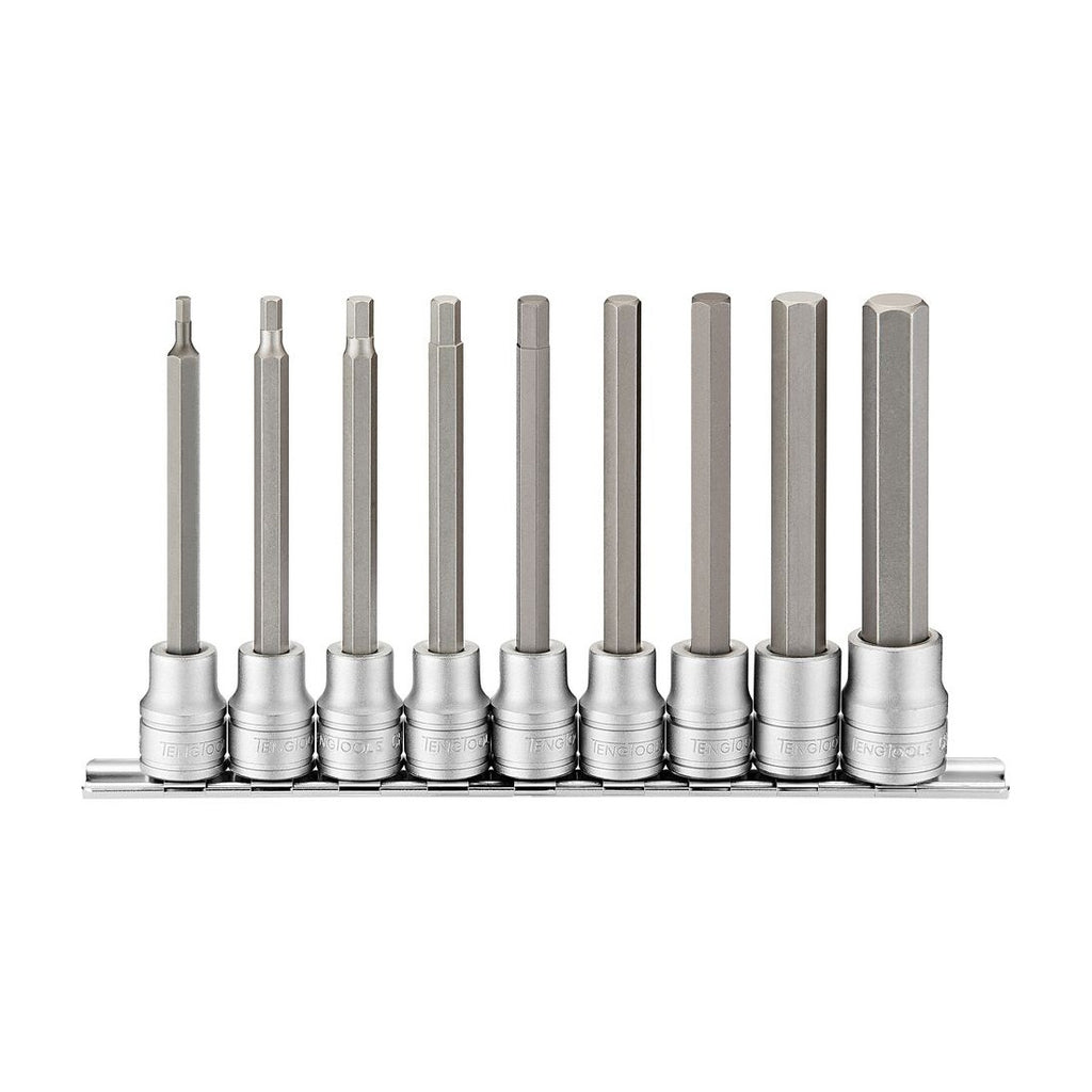 Teng Tools M3809 3/8" Long Hex Bit Socket Clip Rail Set 9 Pieces on a white background
