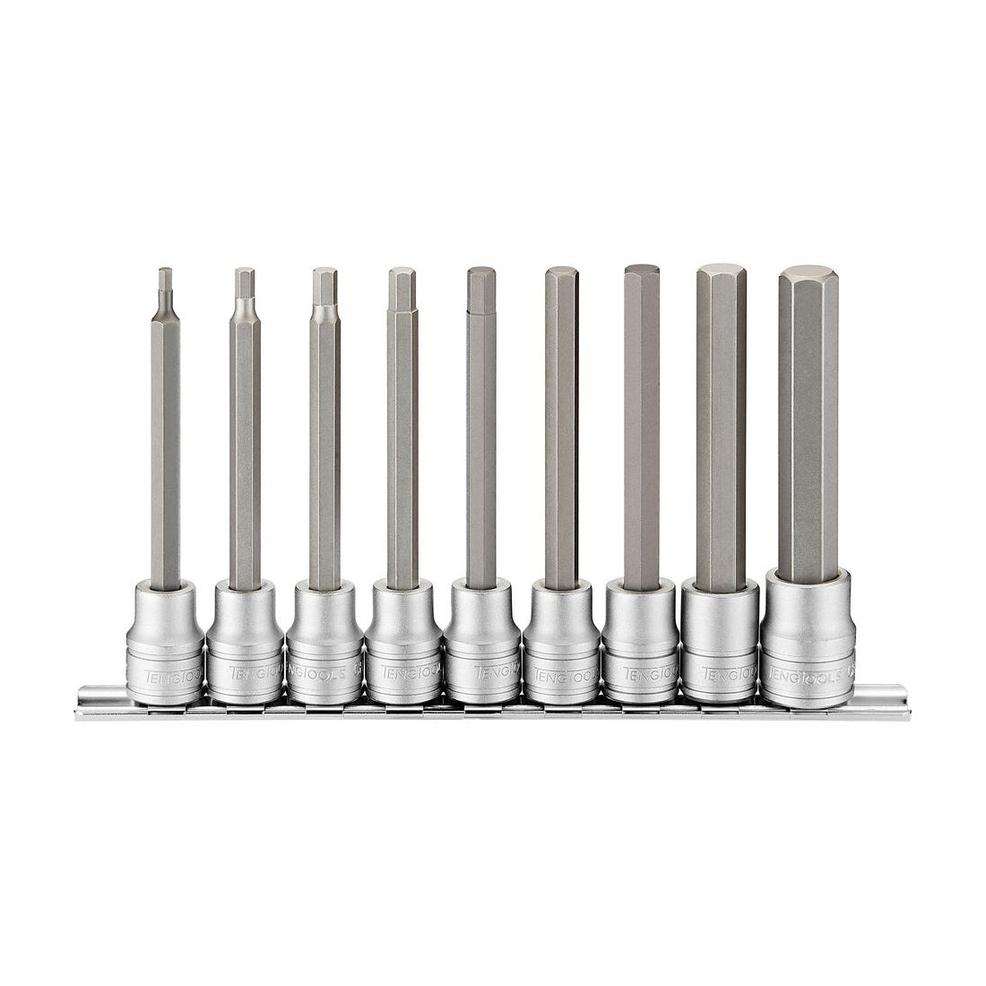 Teng Tools M3809 3/8" Long Hex Bit Socket Clip Rail Set 9 Pieces on a white background
