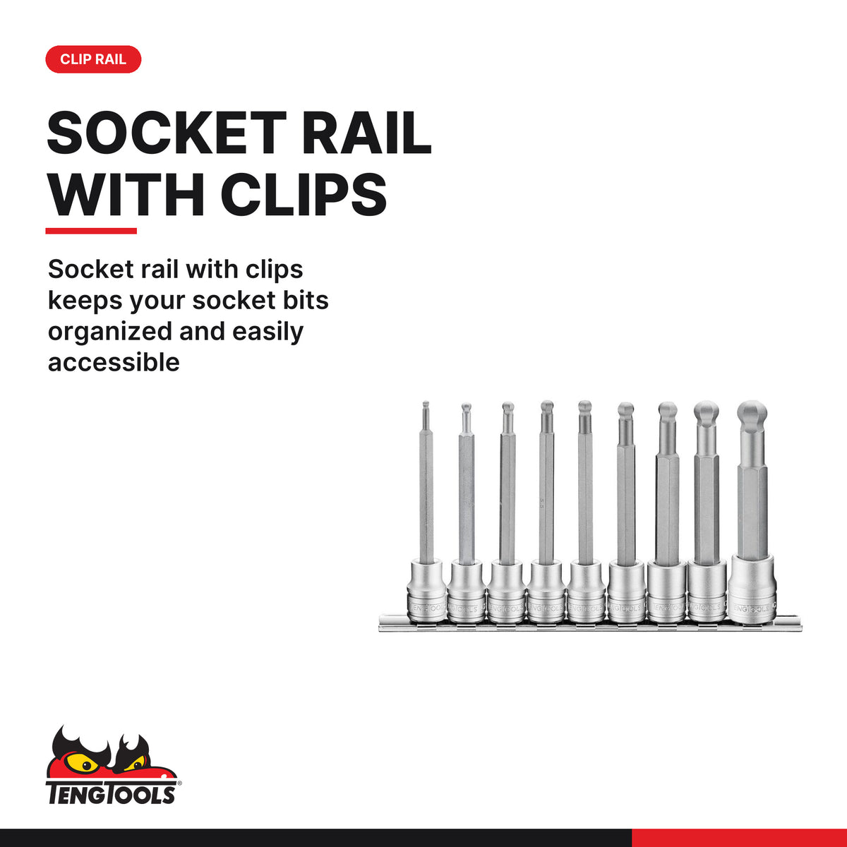 Teng Tools M3809HBN 3/8" ball point long hex bit socket clip rail set 9, socket rail with clips keeps your socket bits