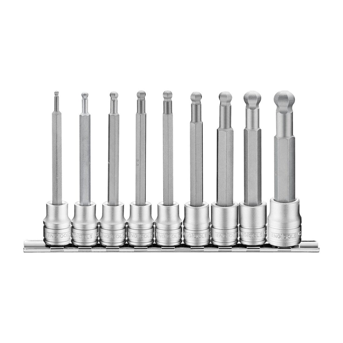 Teng Tools M3809HBN 3/8" ball point long hex bit socket clip rail set 9 on a white background