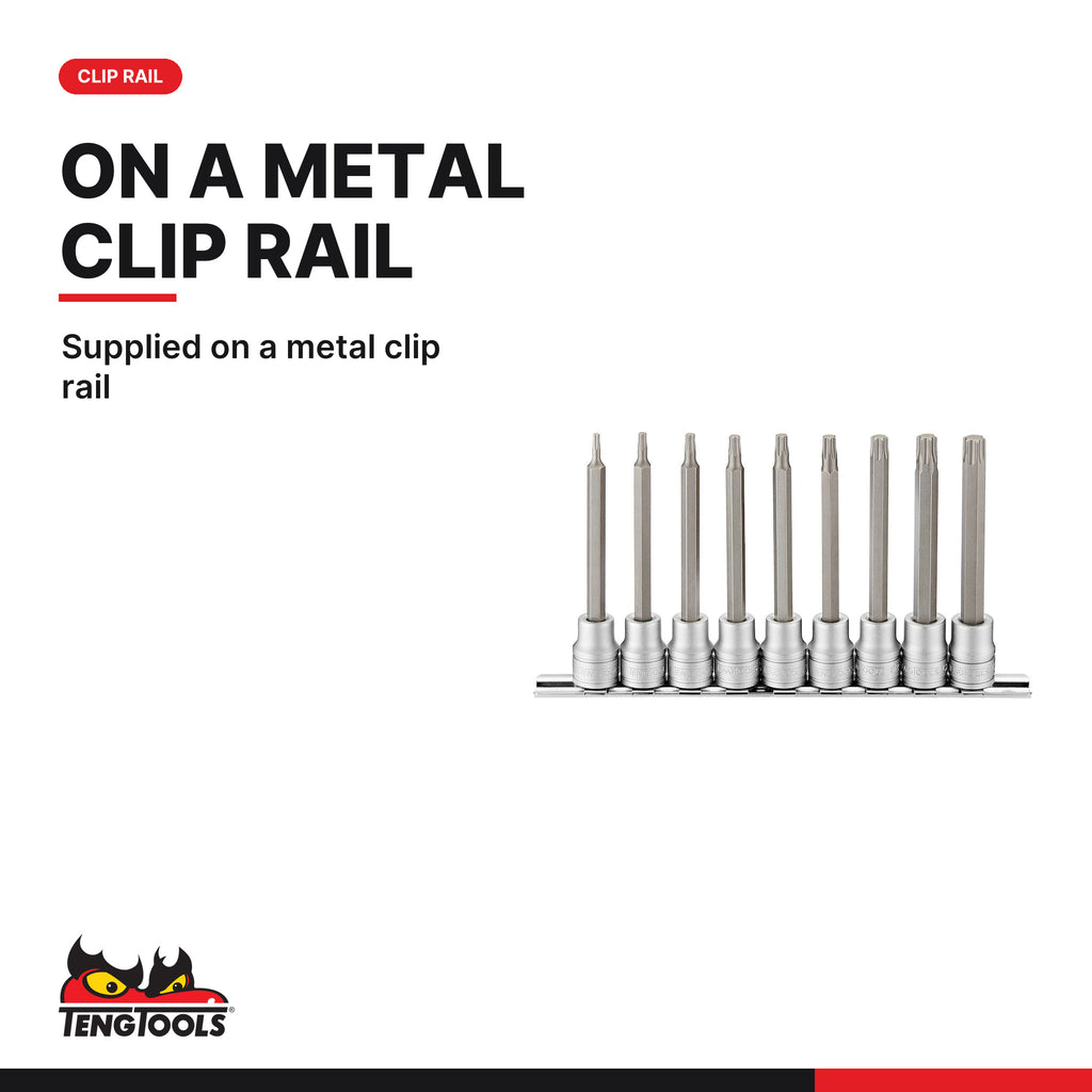 Teng Tools M3809TX 3/8" Long TX Bit Socket Clip Rail Set 9 Pieces, supplied on a metal clip rail