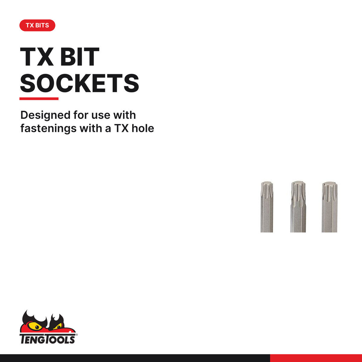 Teng Tools M3809TX 3/8" Long TX Bit Socket Clip Rail Set 9 Pieces, designed for use with fastenings with a TX hole