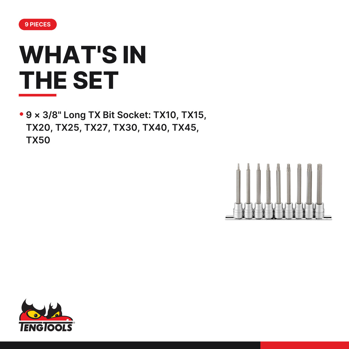 Teng Tools M3809TX 3/8" Long TX Bit Socket Clip Rail Set 9 Pieces, what's in the set