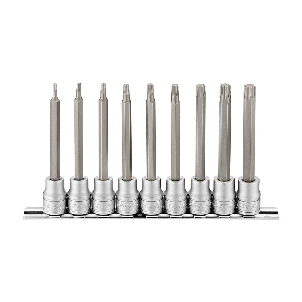 Teng Tools M3809TX 3/8" Long TX Bit Socket Clip Rail Set 9 Pieces on a white background