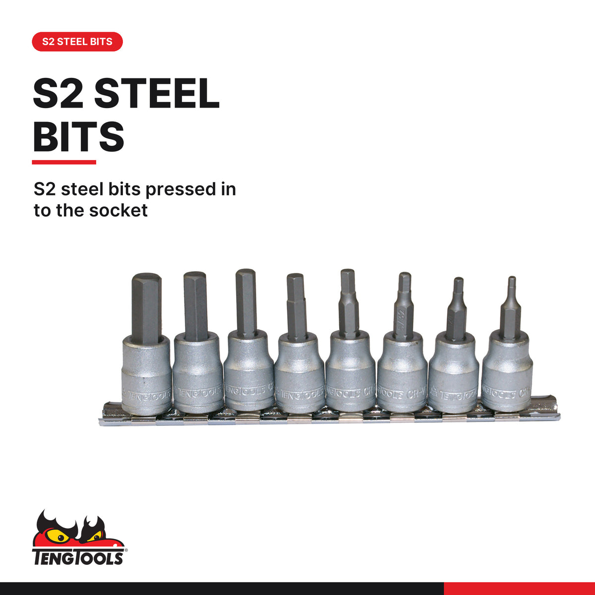 Teng Tools M3811 3/8" Hex Bit Socket Clip Rail Set AF 8 Pieces, S2 steel bits pressed in to the socket