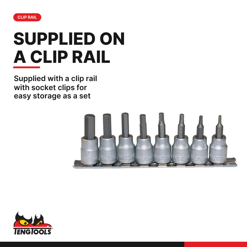 Teng Tools M3811 3/8" Hex Bit Socket Clip Rail Set AF 8 Pieces, supplied with a clip rail with socket clips for easy storage
