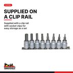 Teng Tools M3811 3/8" Hex Bit Socket Clip Rail Set AF 8 Pieces, supplied with a clip rail with socket clips for easy storage