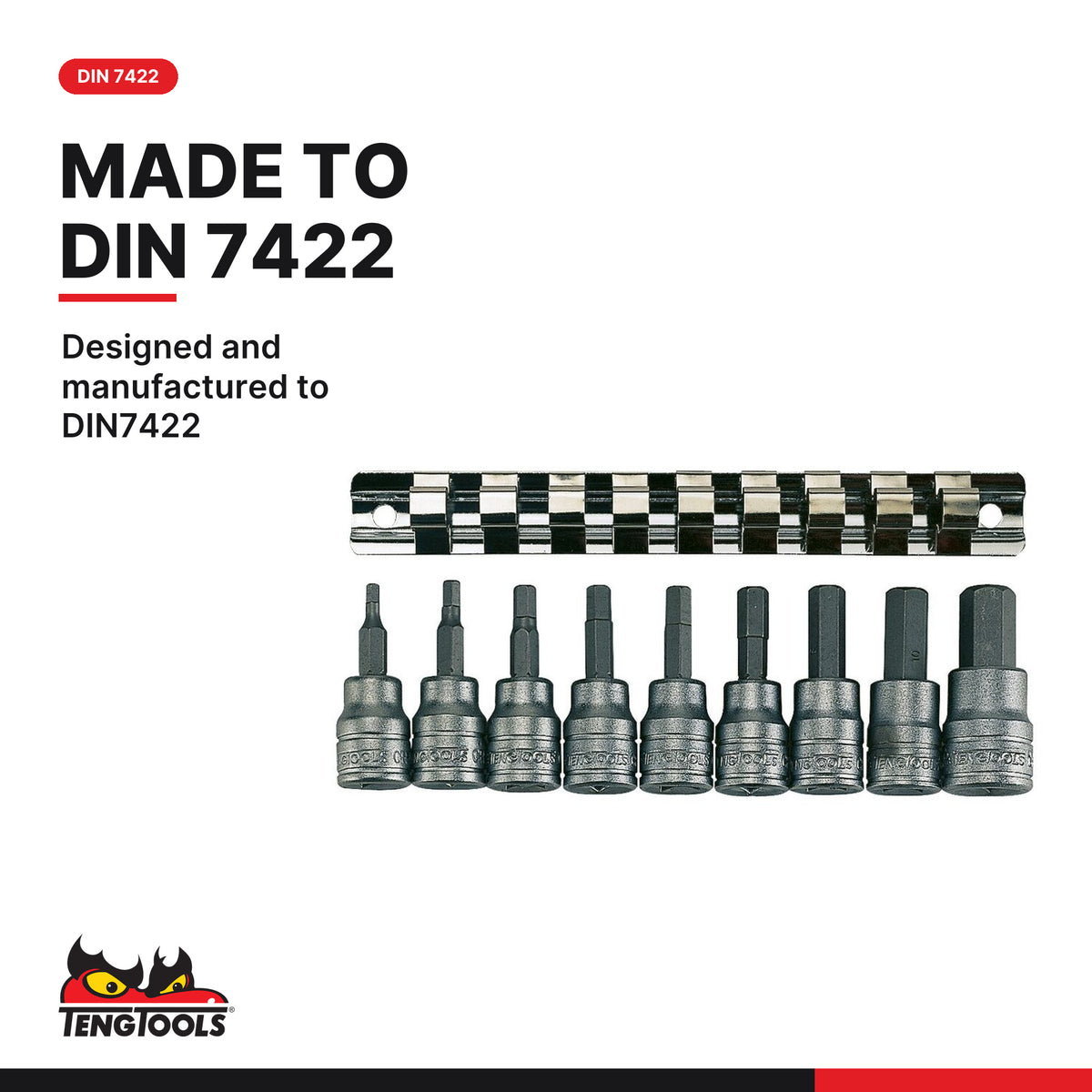 Teng Tools M3812 3/8" Hex Bit Socket Clip Rail Set 9 Pieces, designed and manufactured to DIN7422
