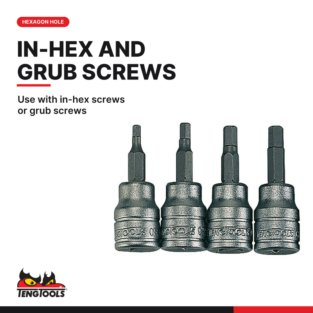 Teng Tools M3812 3/8" Hex Bit Socket Clip Rail Set 9 Pieces, use with in-hex screws or grub screws