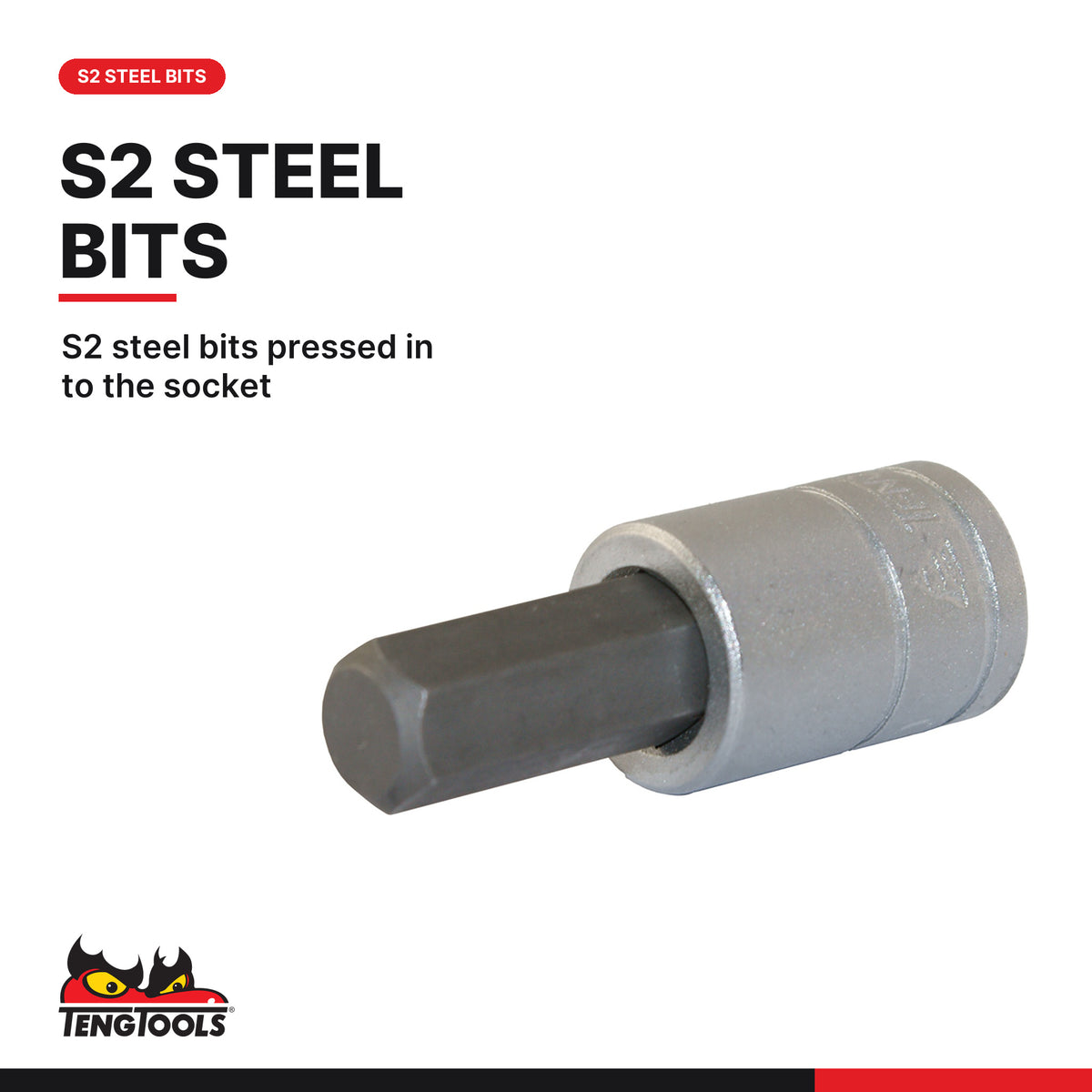 Teng Tools M3812 3/8" Hex Bit Socket Clip Rail Set 9 Pieces, S2 steel bits pressed in to the socket