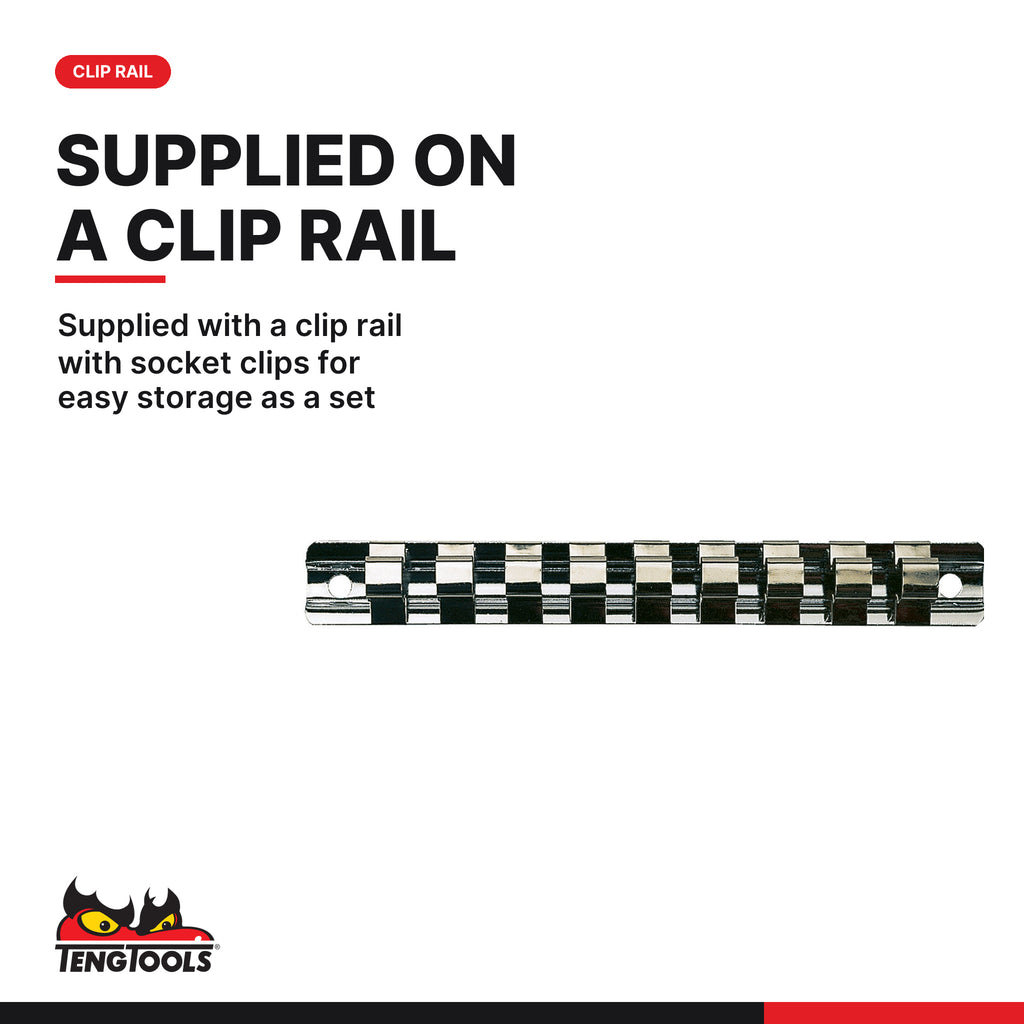 Teng Tools M3812 3/8" Hex Bit Socket Clip Rail Set 9 Pieces, supplied with a clip rail with socket clips for easy storage as