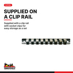 Teng Tools M3812 3/8" Hex Bit Socket Clip Rail Set 9 Pieces, supplied with a clip rail with socket clips for easy storage as