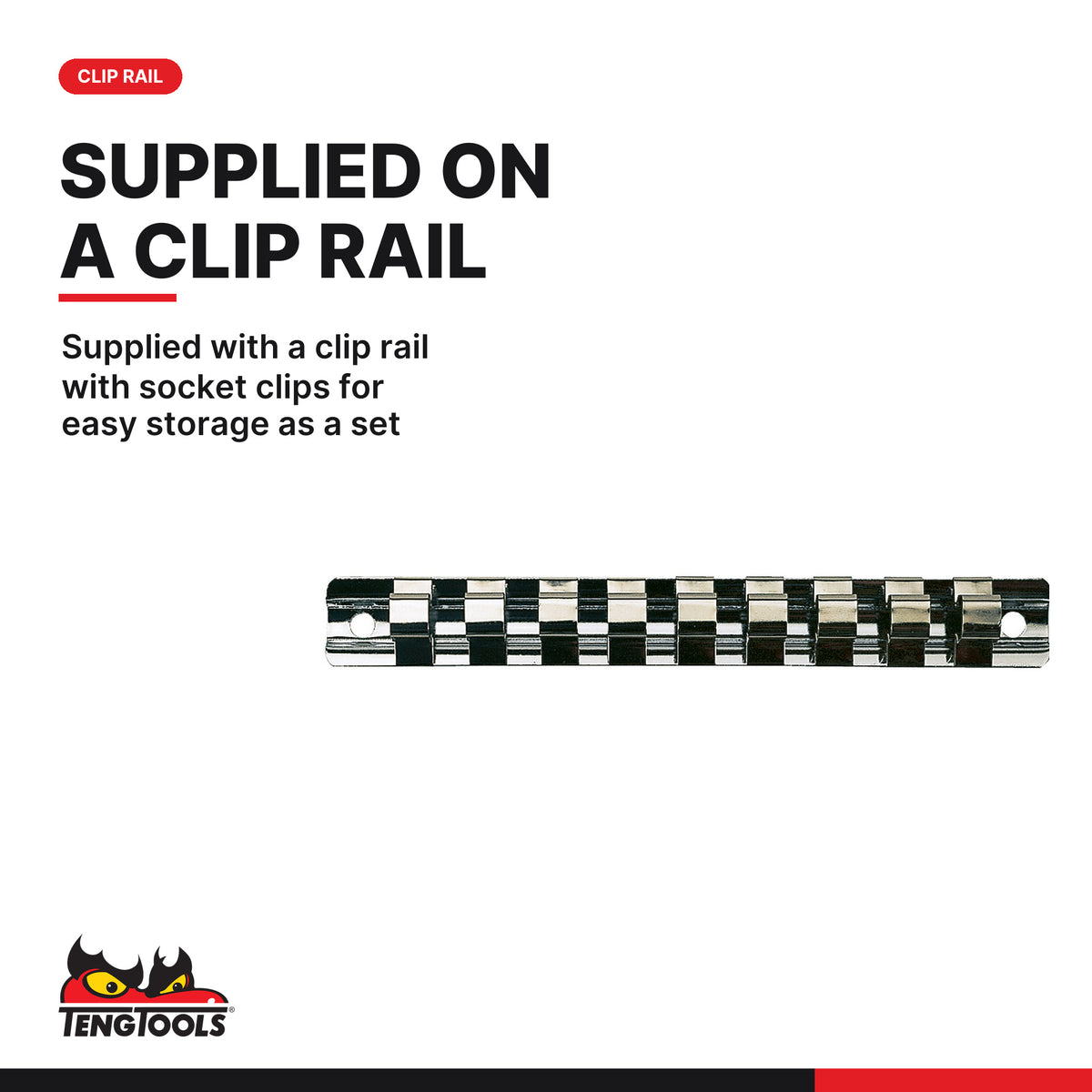 Teng Tools M3812 3/8" Hex Bit Socket Clip Rail Set 9 Pieces, supplied with a clip rail with socket clips for easy storage as