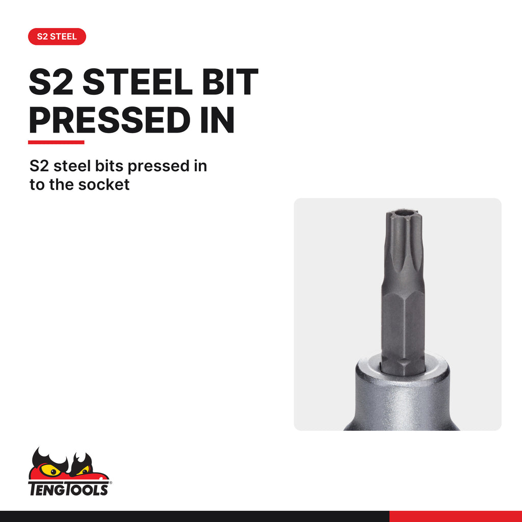 Teng Tools M381210-C 3/8 Inch Drive Tamper Proof Torx TPX Chrome, S2 steel bits pressed in to the socket