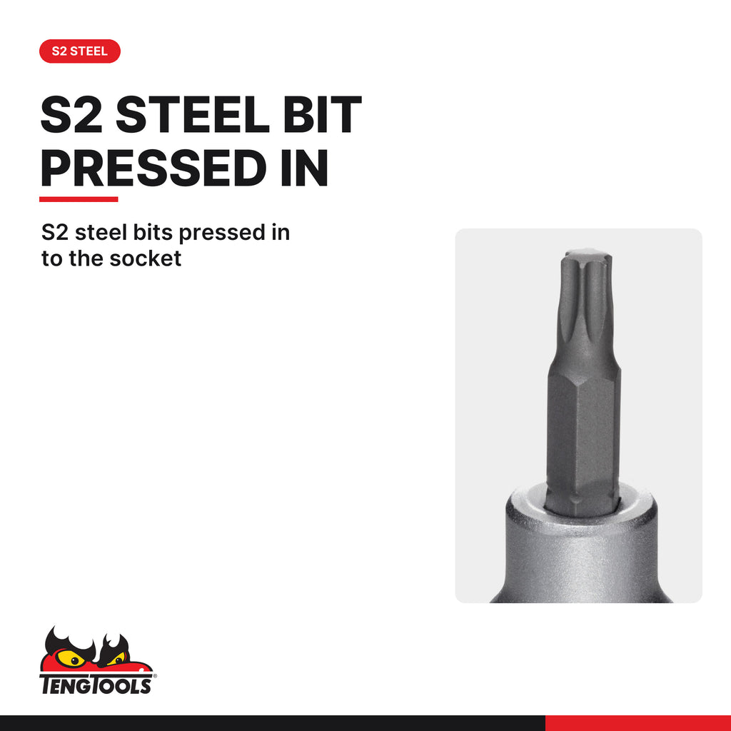 Teng Tools M381210T-C 3/8 Inch Drive Torx Bit Socket TX10, 23 mm (0.9, S2 steel bits pressed in to the socket