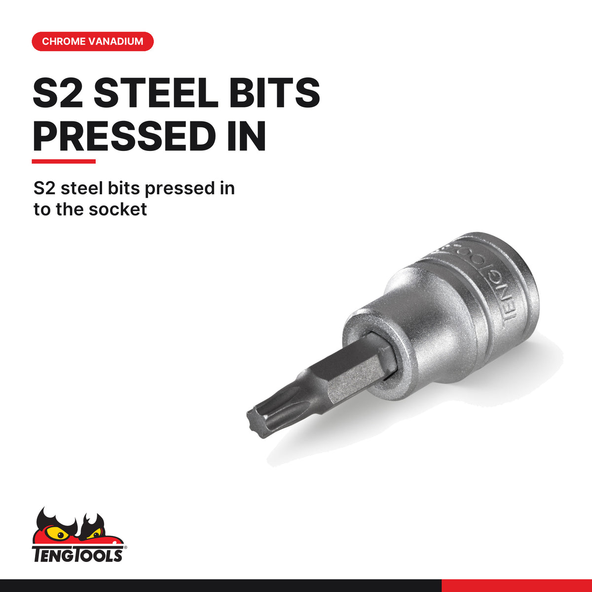Teng Tools M381227T-C 3/8" TX Bit Socket TX27, S2 steel bits pressed in to the socket
