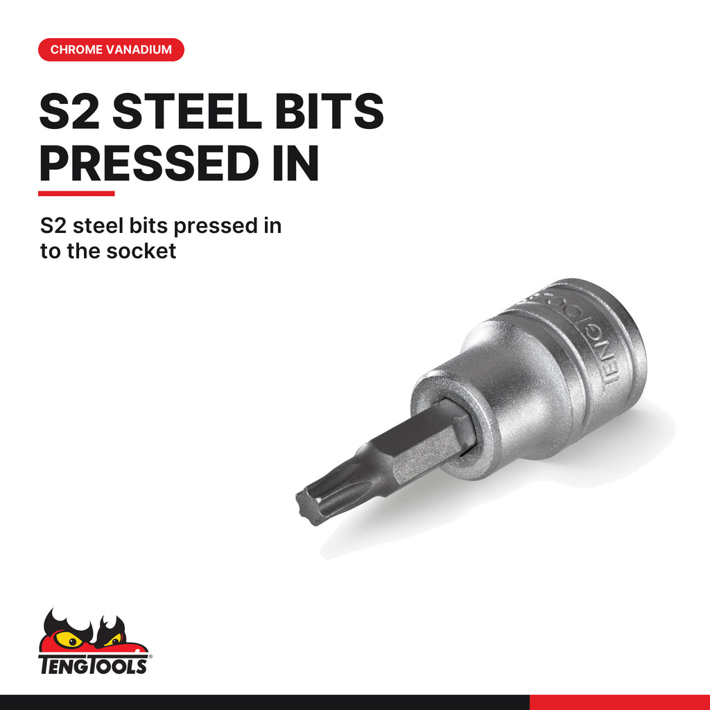 Teng Tools M381245T-C 3/8" TX Bit Socket TX45, S2 steel bits pressed in to the socket