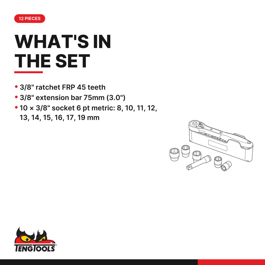Teng Tools M3812N1 3/8" Socket Set 6 pt 12 Pieces, what's in the tray