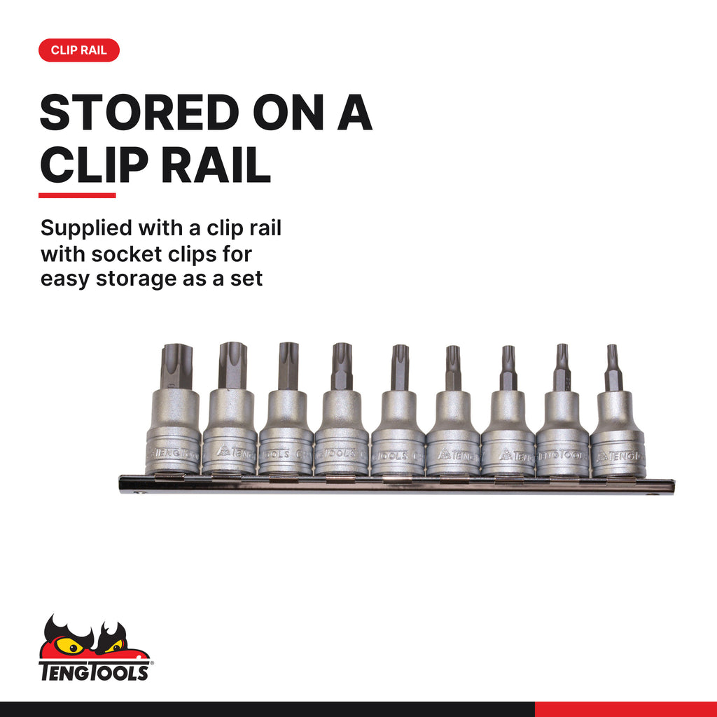 Teng Tools M3813TPX 9 Piece 3/8 Inch Drive TPX Socket Set (TPX10-TPX50), supplied with a clip rail with socket clips for