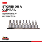 Teng Tools M3813TPX 9 Piece 3/8 Inch Drive TPX Socket Set (TPX10-TPX50), supplied with a clip rail with socket clips for