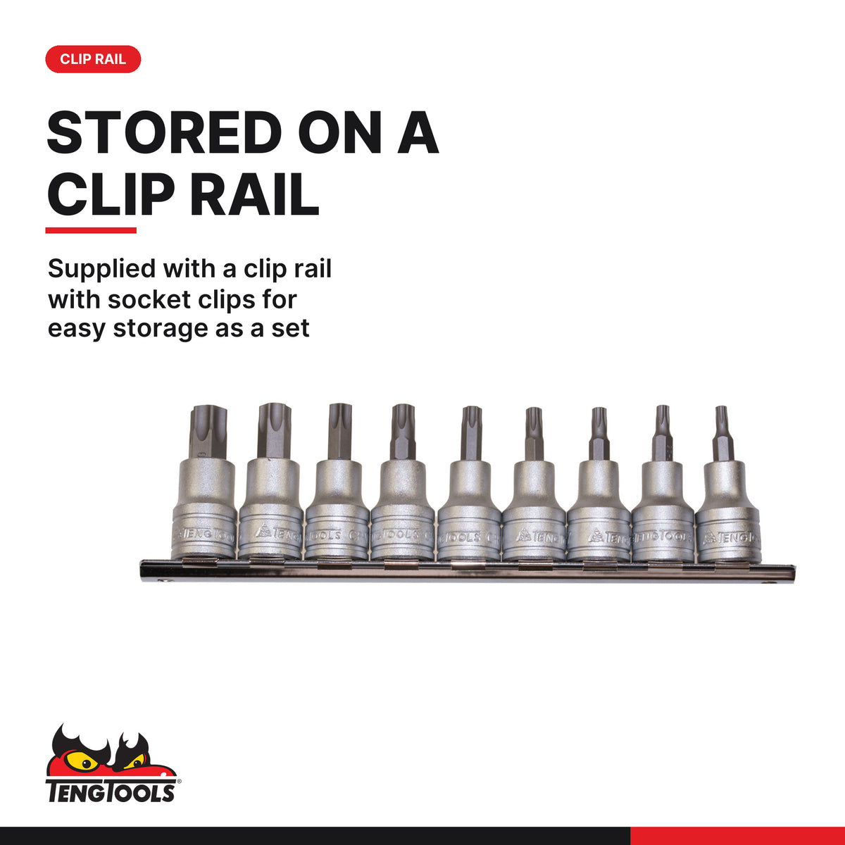 Teng Tools M3813TPX 9 Piece 3/8 Inch Drive TPX Socket Set (TPX10-TPX50), supplied with a clip rail with socket clips for