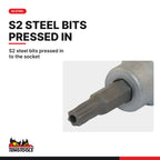Teng Tools M3813TPX 9 Piece 3/8 Inch Drive TPX Socket Set (TPX10-TPX50), S2 steel bits pressed in to the socket