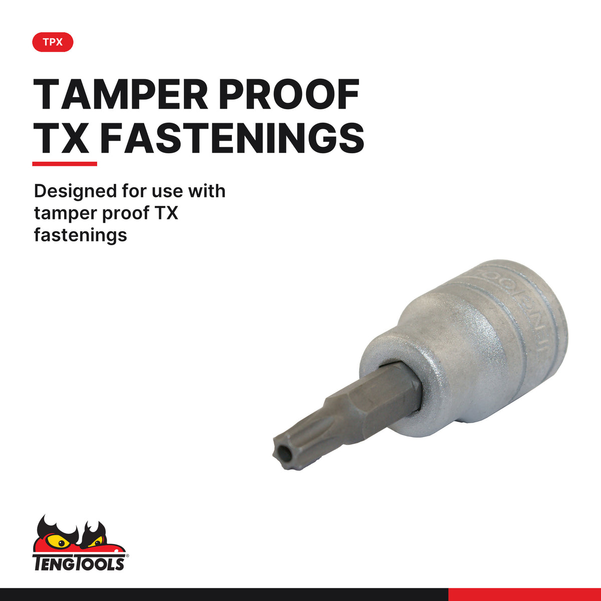 Teng Tools M3813TPX 9 Piece 3/8 Inch Drive TPX Socket Set (TPX10-TPX50), designed for use with tamper proof TX fastenings