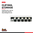 Teng Tools M3813TX 9 Piece 3/8 Inch Drive Torx Bit Socket Set with Clip, supplied with a clip rail with socket clips for