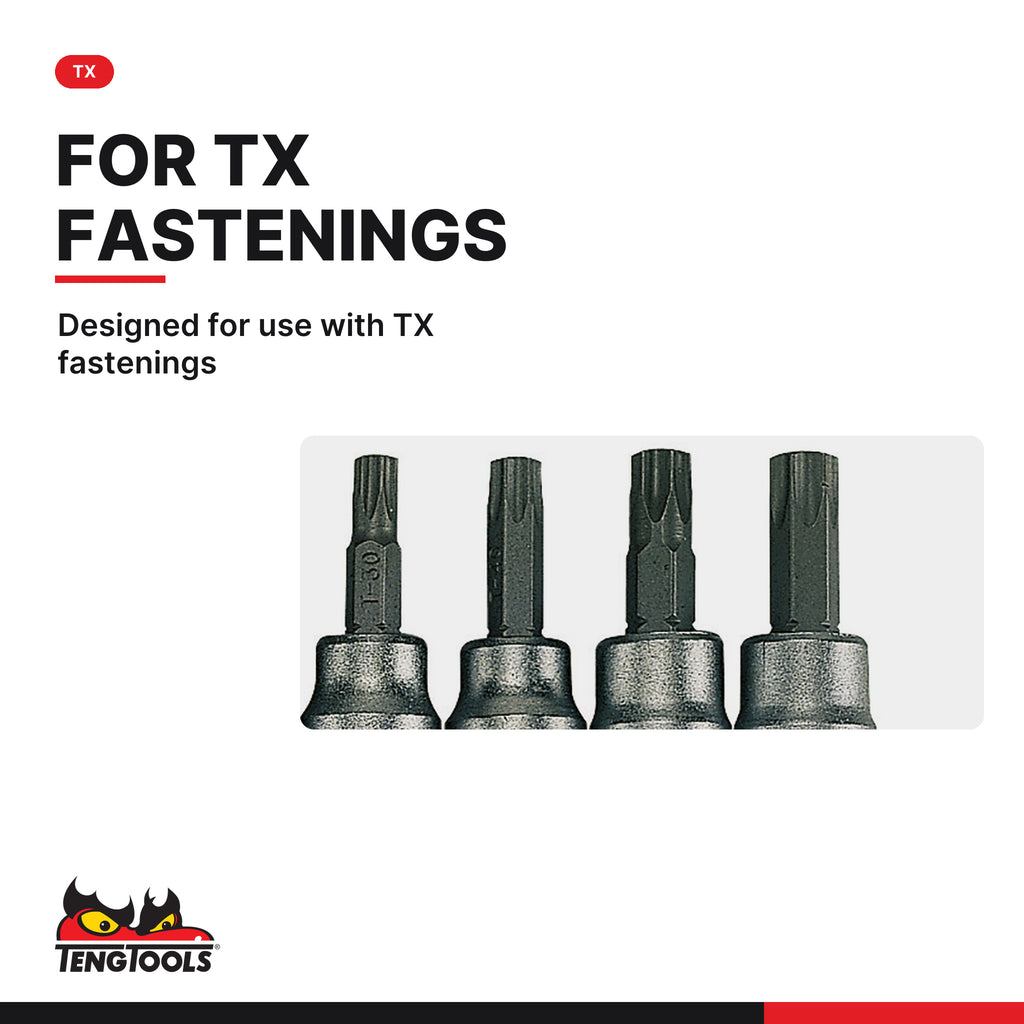 Teng Tools M3813TX 9 Piece 3/8 Inch Drive Torx Bit Socket Set with Clip, designed for use with TX fastenings