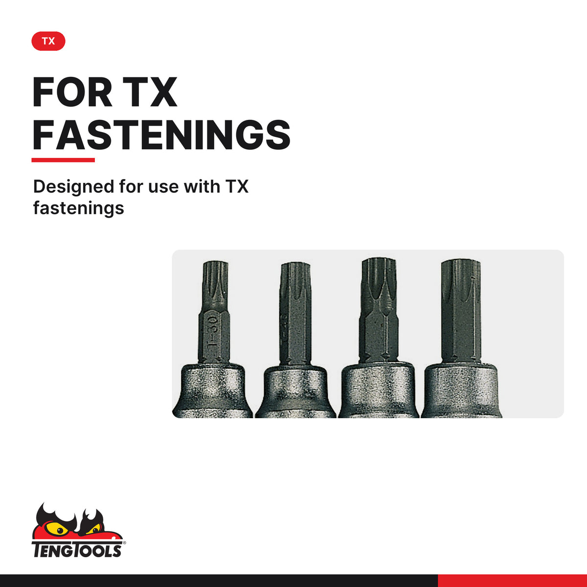 Teng Tools M3813TX 9 Piece 3/8 Inch Drive Torx Bit Socket Set with Clip, designed for use with TX fastenings