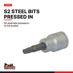 Teng Tools M3813TX 9 Piece 3/8 Inch Drive Torx Bit Socket Set with Clip, S2 steel bits pressed in to the socket