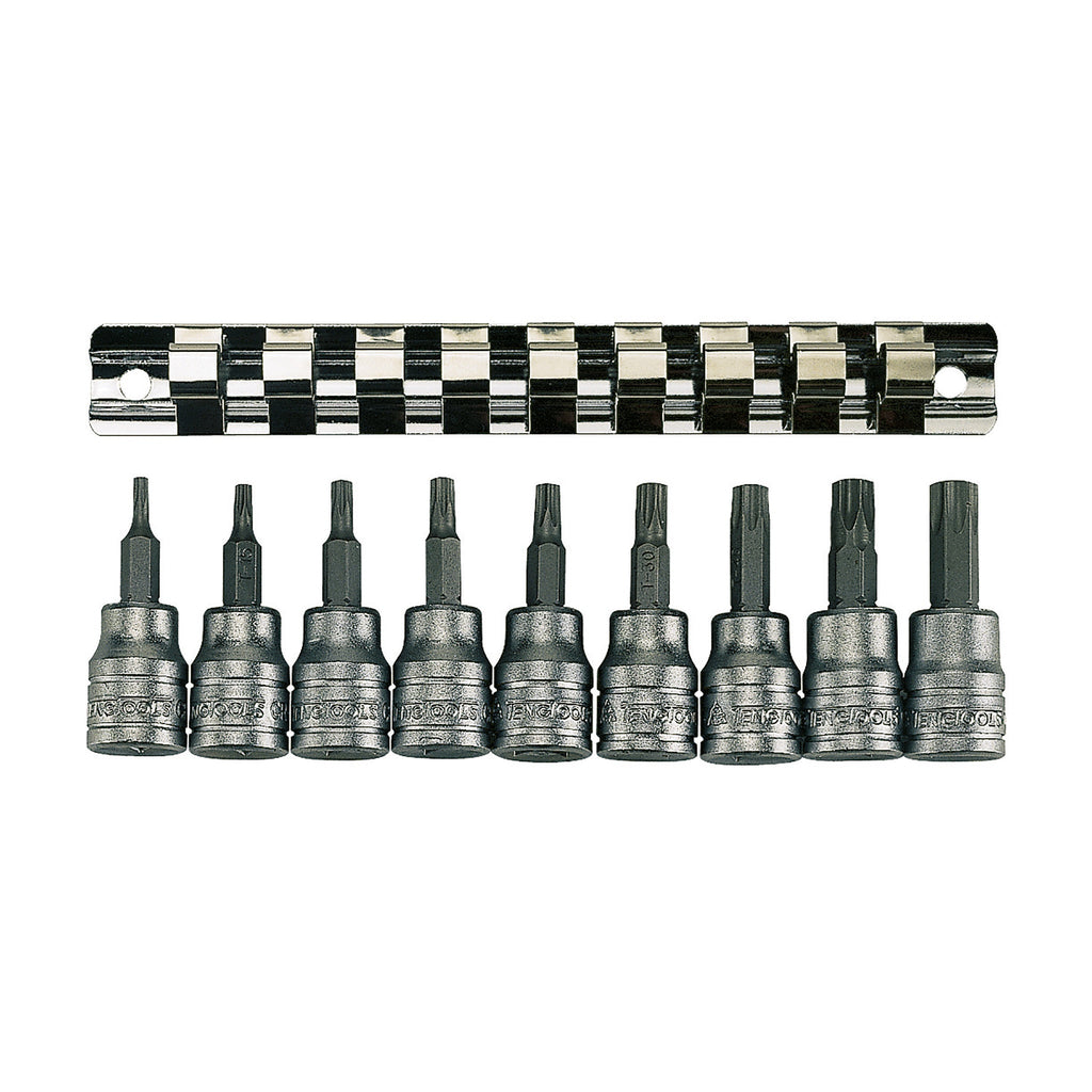 Teng Tools M3813TX 9 Piece 3/8 Inch Drive Torx Bit Socket Set with Clip on a white background