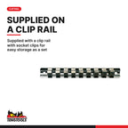 Teng Tools M3814 1/4" & 3/8" TX-E Socket Clip Rail Set 10 Pieces, supplied with a clip rail with socket clips for easy