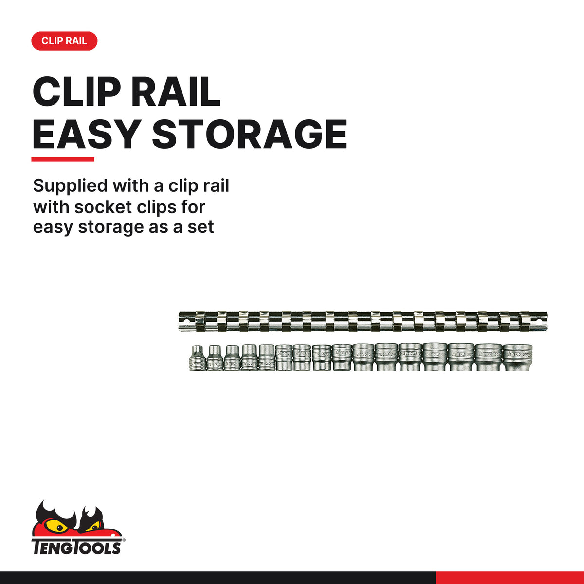 Teng Tools M3816 3/8" Socket Clip Rail Set 6 pt 16 Pieces, supplied with a clip rail with socket clips for easy storage as a