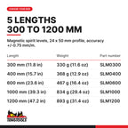 Teng Tools magnetic spirit level, 300 to 1200 mm, five lengths 300 mm to 1200 mm, part numbers SLM0300 to SLM1200