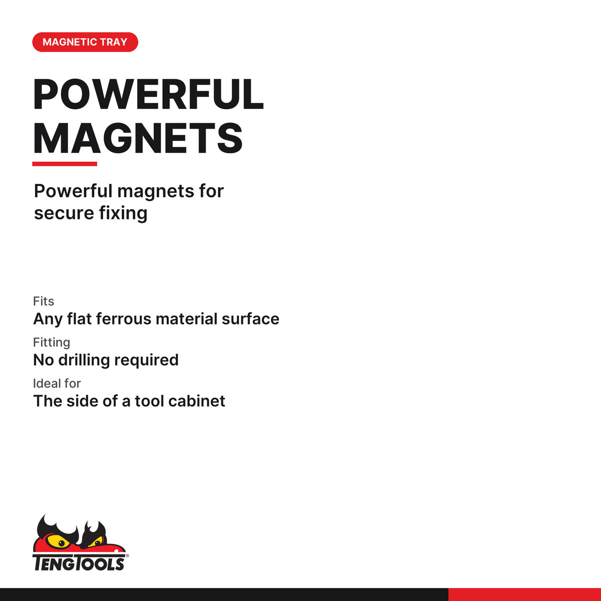 Teng Tools red magnetic tray, 460 or 640 mm wide, powerful magnets for secure fixing, no drilling required