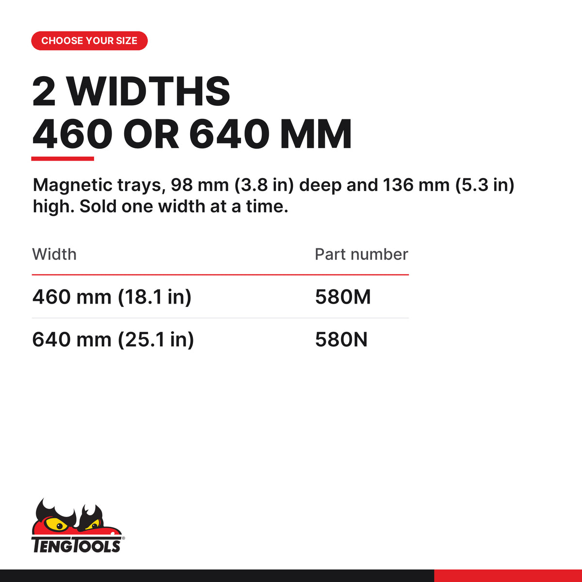 Teng Tools red magnetic tray, 460 or 640 mm wide, two widths 460 mm and 640 mm, part numbers 580M and 580N