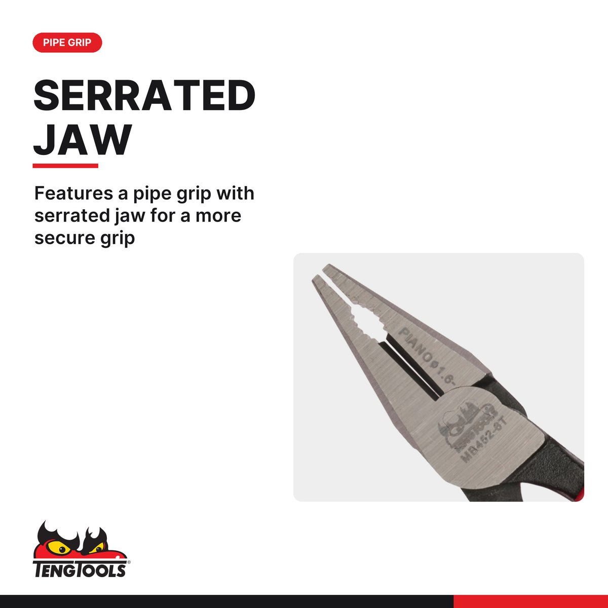 Teng Tools MB452-6T 170-200mm Heavy Duty Combination Pliers, features a pipe grip with serrated jaw for a more secure grip