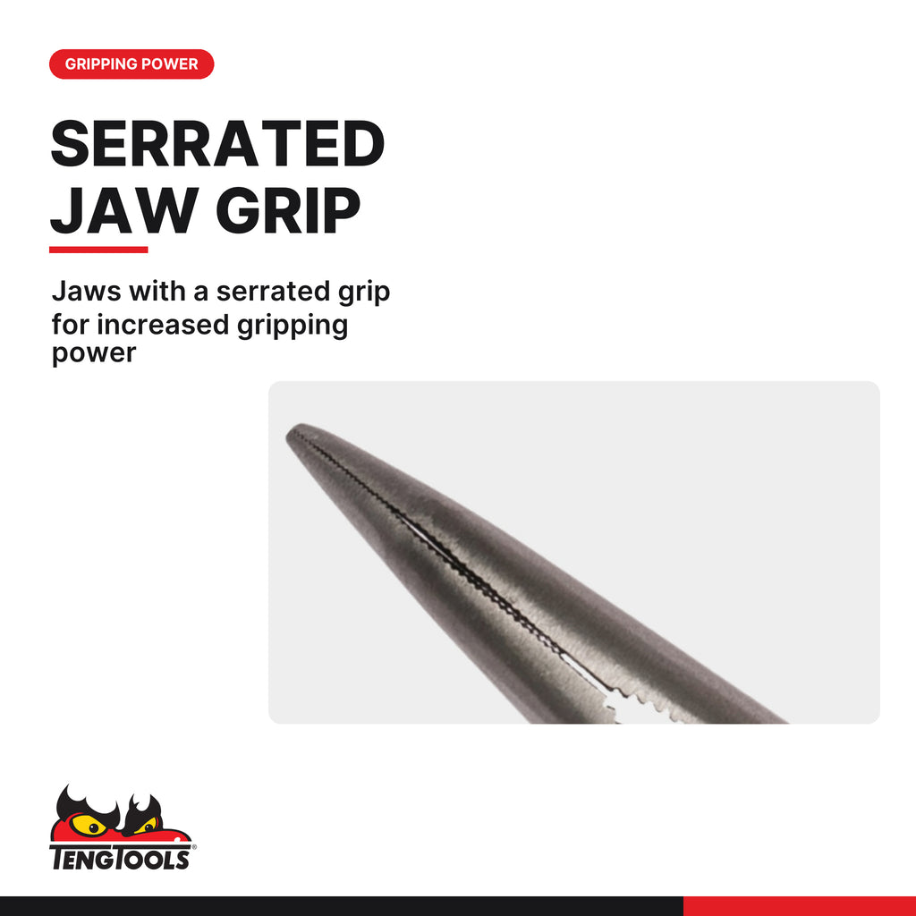 Teng Tools MB463-8T 200 mm Long Nose Pliers Bent Jaw TPR Grip CrMo, jaws with a serrated grip for increased gripping power