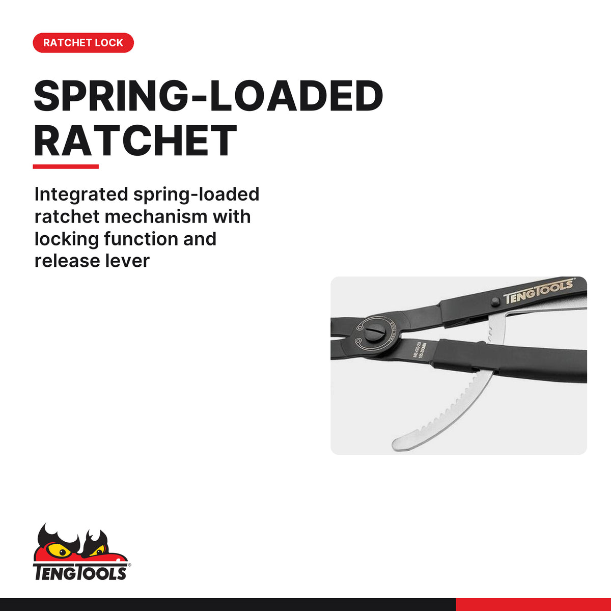 Teng Tools MB470-20 20 Inch Ratcheting Circlip Pliers, integrated spring-loaded ratchet mechanism with locking function and