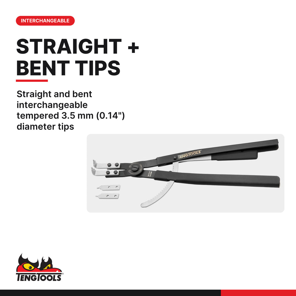 Teng Tools MB472-20 20 Inch Ratcheting Circlip Pliers, straight and bent interchangeable tempered 3.5 mm (0.14") diameter