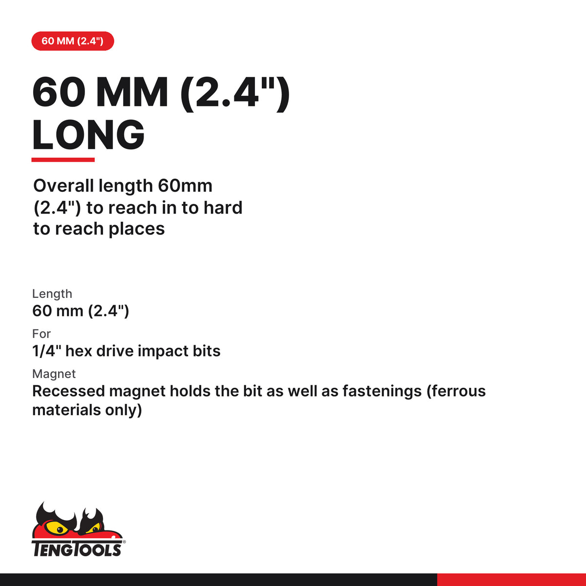 Teng Tools MBHI14 1/4 Inch Hex Drive Magnetic Impact Bit Holder, overall length 60mm (2.4") to reach in to hard to reach