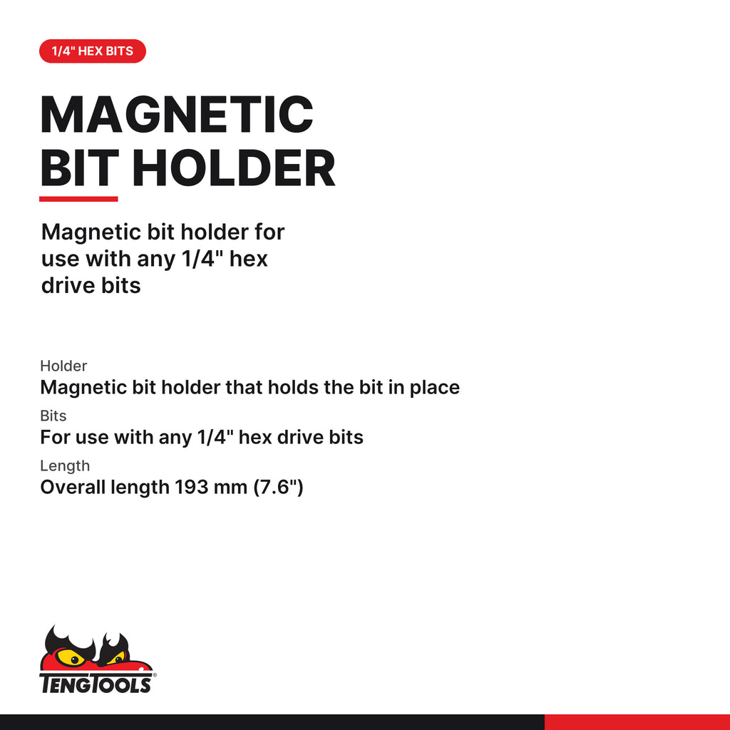 Teng Tools MD193 1/4 Inch Hex Magnetic Bit Driver 193 mm, magnetic bit holder for use with any 1/4" hex drive bits