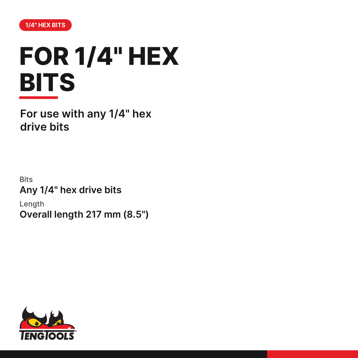 Teng Tools MD216 1/4 Inch Hex Magnetic Bit Driver 217 mm, for use with any 1/4" hex drive bits