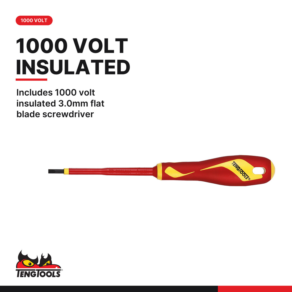 Teng Tools MD910N Screwdriver Set Mixed 10 Pieces, includes 1000 volt insulated 3.0mm flat blade screwdriver